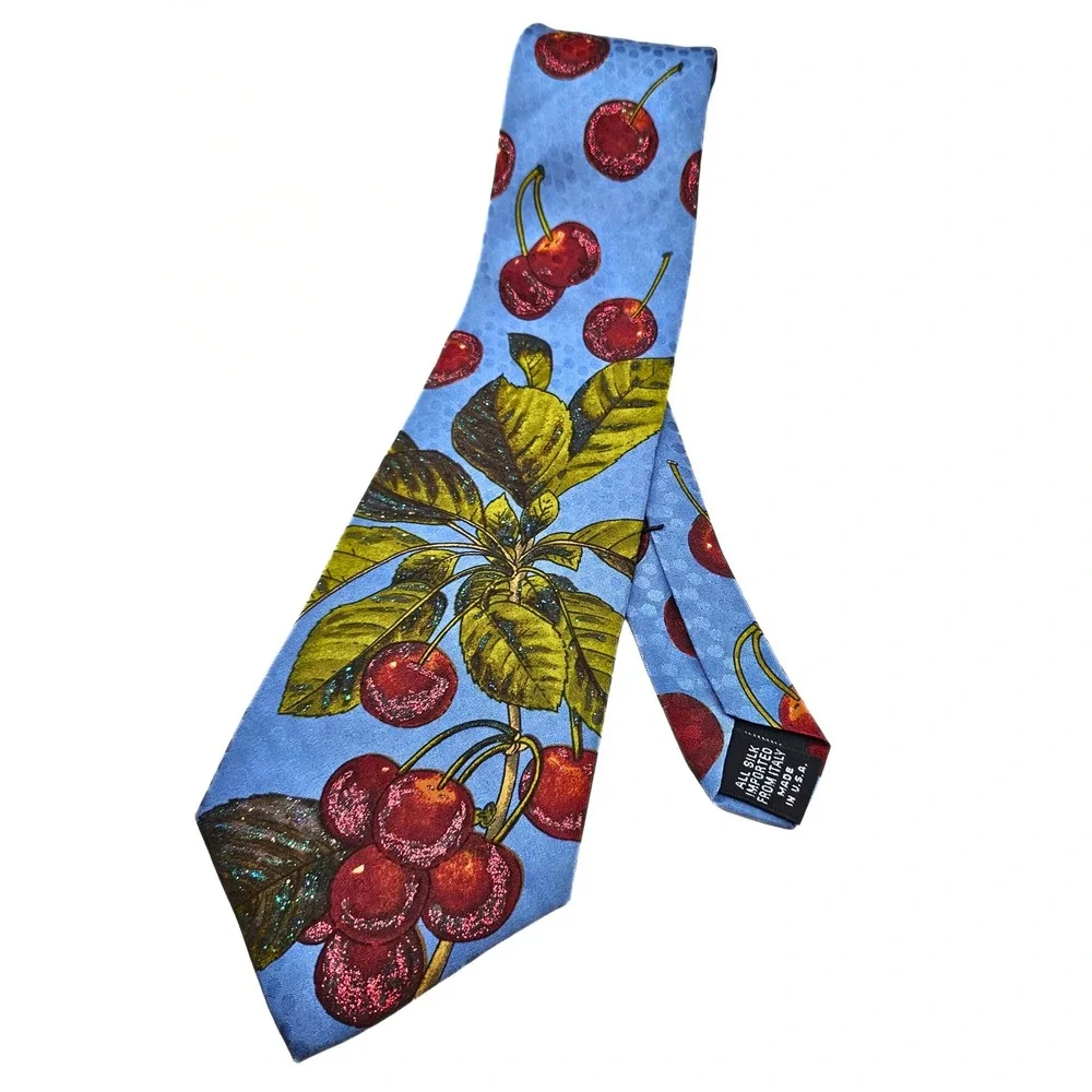 Vintage Rare Yves Saint Laurent Silk Tie‎ – Blue Cherry Print w/ Sparkle Accents